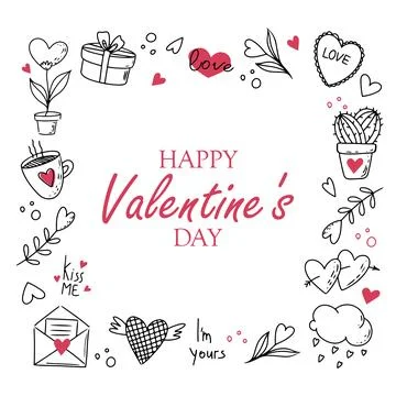 Set of doodle valentines day elements and text happy valentines day Stock Illustration