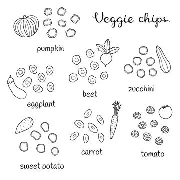 Set of doodle veggie chips. Stock Illustration