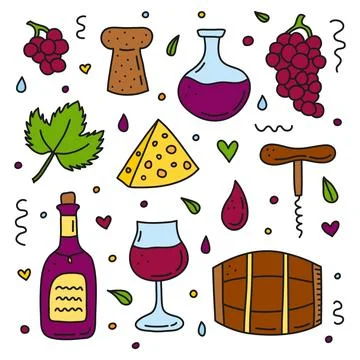 Set of doodle wine icons. Stock Illustration