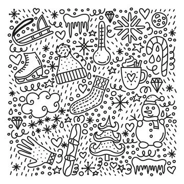 Set of doodle winter icons. Stock Illustration