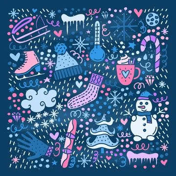 Set of doodle winter icons. Stock Illustration