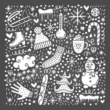 Set of doodle winter icons. 스톡 일러스트