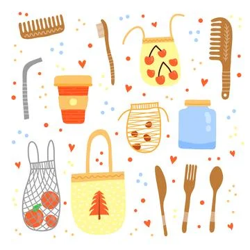 Set of doodle zero waste icons. Stock Illustration
