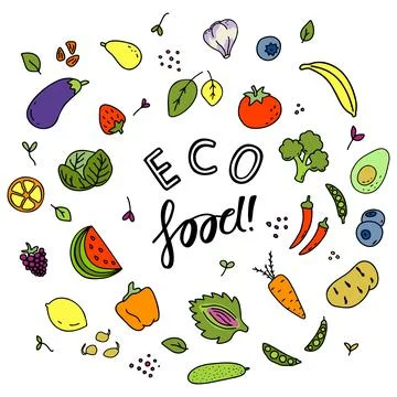 Set of doodles different kinds of vegetables, greens and fruits. Stock Illustration
