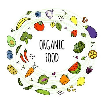 Set of doodles different kinds of vegetables, greens and fruits. Stock Illustration