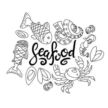 Set of doodles, hand drawn rough simple seafood theme sketches. Vector set is Illustrazione stock