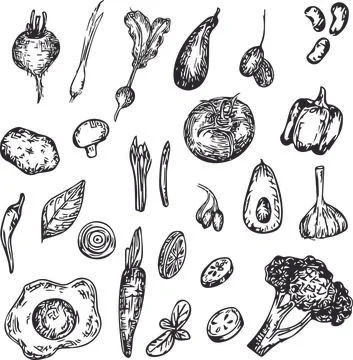 Set of doodles, hand drawn rough simple food sketches. Isolated on white Stock Illustration