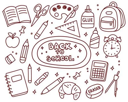 Set of doodles on the theme of back to school with a backpack, textbooks, c.. Illustrazione stock