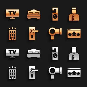Set Door handle, Concierge, Five stars rating review, Hair dryer, Hotel building Illustration