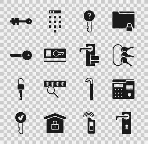 Set Door handle, House intercom system, Bunch of keys, Undefined, Key card, Old Stock Illustration