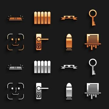 Set Door handle, Old key, Paper shredder, Bullet, Face recognition, Thief eye Illustration