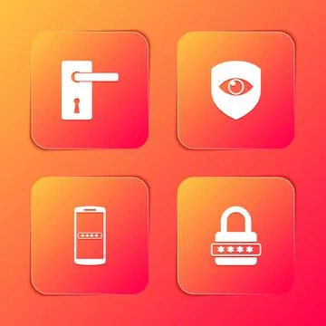 Set Door handle, Shield eye, Mobile password and Password protection icon Illustration
