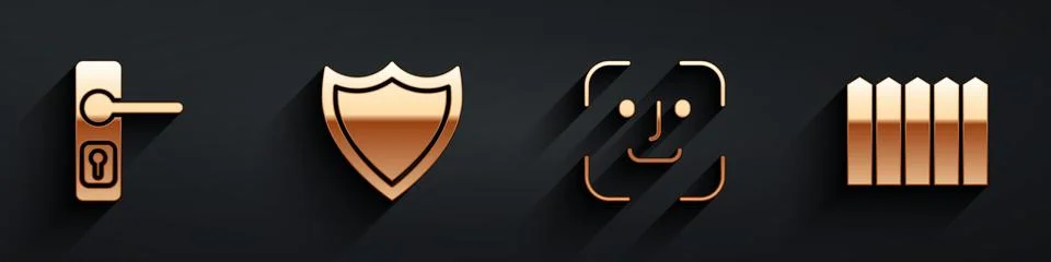 Set Door handle, Shield, Face recognition and Garden fence wooden icon with long Illustration