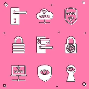 Set Door handle, VPN Network cloud connection, Shield with wireless, Lock Stock Illustration