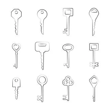A set of door keys. Flat outline illustration. イラスト素材