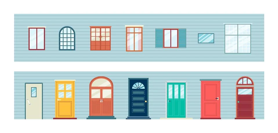 Set of doors and windows frames icons, flat vector illustration isolated. Ilustración de archivo