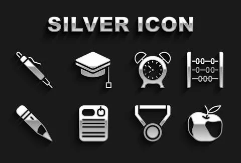 Set Dossier folder, Abacus, Apple, Medal, Pencil with eraser, Alarm clock, and Illustrazione stock