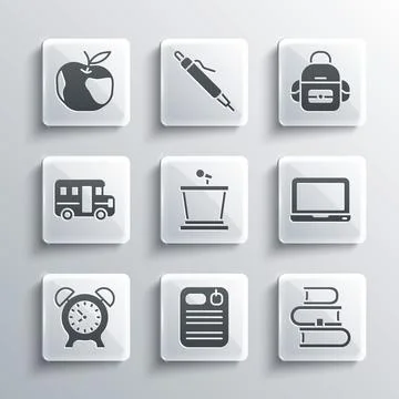 Set Dossier folder, Book, Laptop, Stage stand, Alarm clock, School Bus, App.. Illustrazione stock