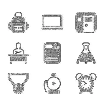 Set Dossier folder, Ringing alarm bell, Alarm clock, Test tube and flask, Medal 库存插图