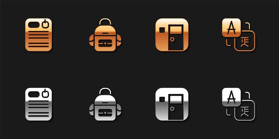 Set Dossier folder, School backpack, classroom and Translator icon. Vector Stock Illustration