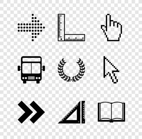 Set Dots arrow, Folding ruler, Pixel hand cursor, Arrow, Triangular, Open book Stock Illustration