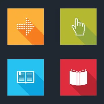 Set Dots arrow, Pixel hand cursor, Open book and icon. Vector Stock Illustration
