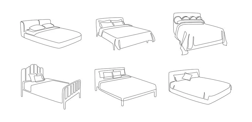 Set of double beds thin icons in line art style. Modern comfortable luxury Stock Illustration
