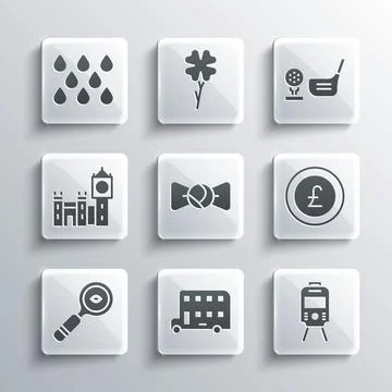 Set Double decker bus, Tram and railway, Coin money with pound, Bow tie Stock Illustration