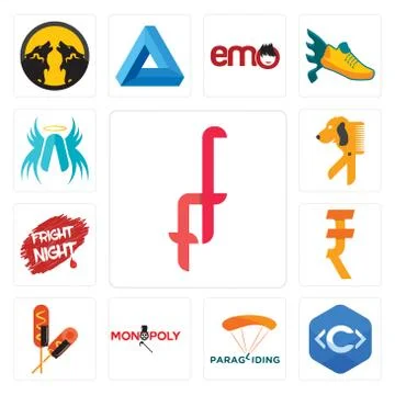 Set of double f, c language, paragliding, monopoly, corn dog, rupee, fright n 무료 스톡 일러스트