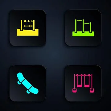 Set Double swing, Abacus, Skateboard trick and Horizontal bar. Black square Ilustração Stock