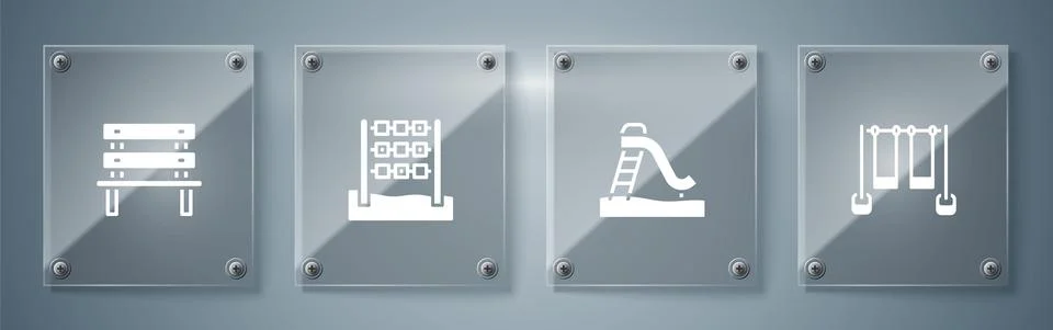 Set Double swing, Kid slide, Tic tac toe game and Bench. Square glass panels Stock-Illustration
