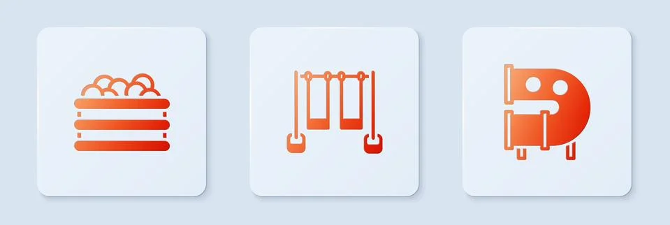 Set Double swing, Pool with balls and Kid playground slide pipe. White square Illustrazione stock