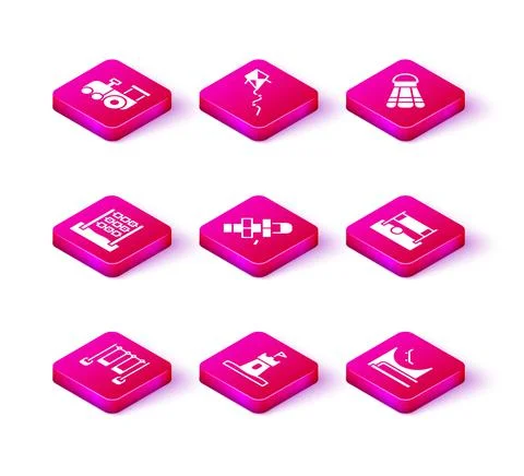 Set Double swing, Sand tower, Tic tac toe game, Hopscotch, Skate park Ilustración de archivo