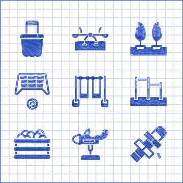 Set Double swing, Swing plane, Hopscotch, Horizontal bar, Pool with balls, .. Stock Illustration