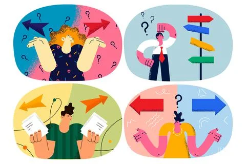 Set of doubtful businesspeople think of problem solution Stock Illustration