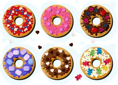 A set of doughnuts with icing and different toppings. Cakes with fruit, berries Illustrazione stock