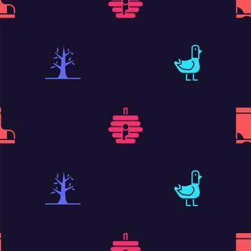 Set Dove, Bare tree, Hive for bees and Waterproof rubber boot on seamless Stock-Illustration