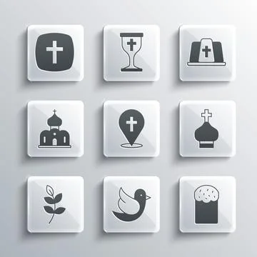 Set Dove, Easter cake, Christian church tower, Location building, Willow leaf Ilustración de archivo