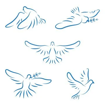 Set dove icon. Line style of a dove flying, symbol of peace. Stock Illustration