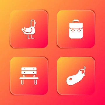 Set Dove, School backpack, Bench and Eggplant icon. Vector Stock Illustration