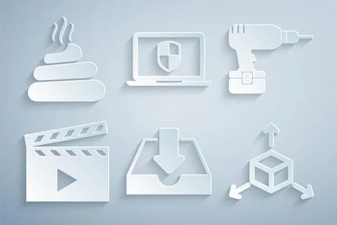 Set Download inbox, Drill machine, Movie clapper, Isometric cube, Laptop wi.. 스톡 일러스트