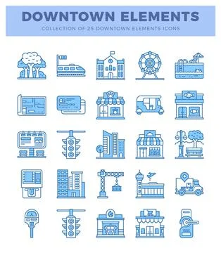 Set of downtown city elements icons in blue line art style Illustration