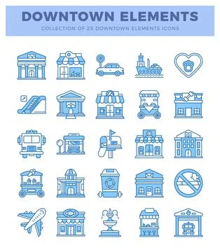 Set of downtown element icons featuring buildings. vehicles. and urban amen.. Stockillustratie