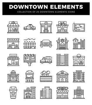 Set of downtown element icons. Illustrazione stock
