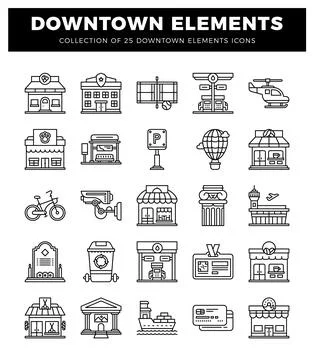 Set of downtown urban elements icons for city planning and design 스톡 일러스트