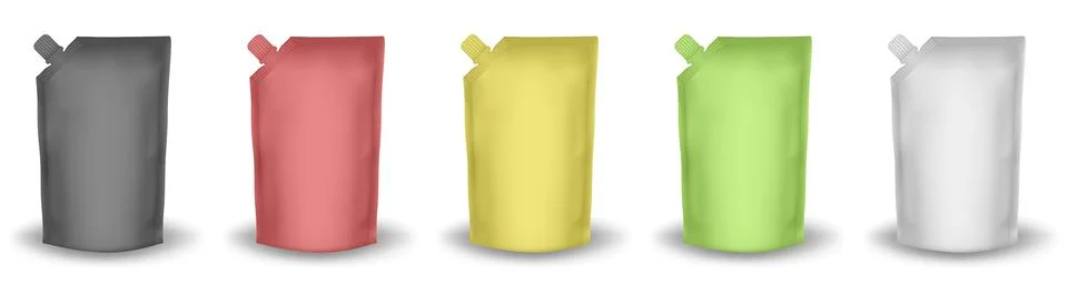 Set of doypack packaging with screw cap. Blank foil bags pouches with spout Stock Illustration