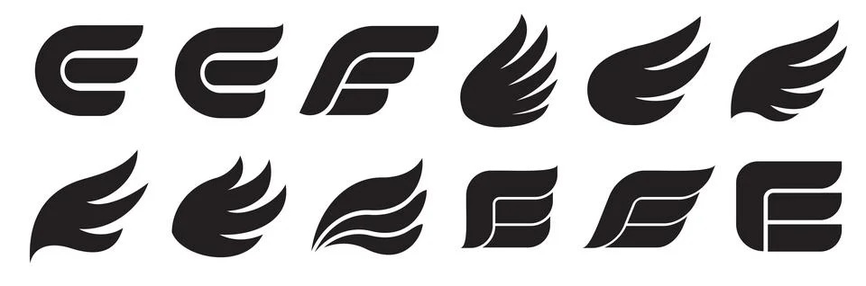 Set of dozen unusual black vector wings for your design Stock Illustration