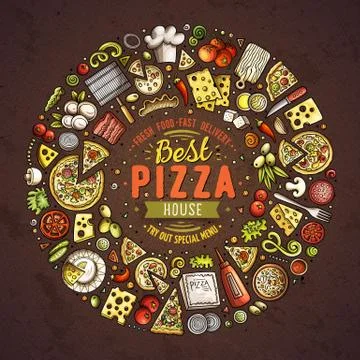 Set of DPizza cartoon doodle objects, symbols and items Stock Illustration