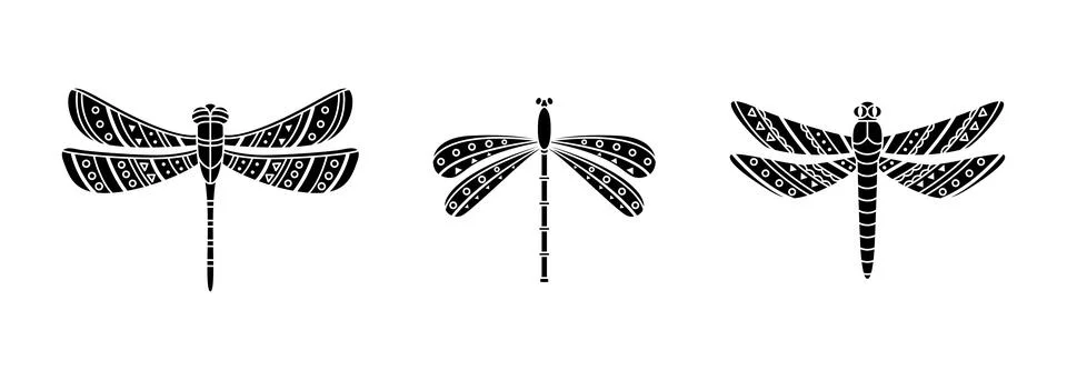 Set of dragonflies in boho styles. Geometric tribal illustration in a simple  Stock Illustration