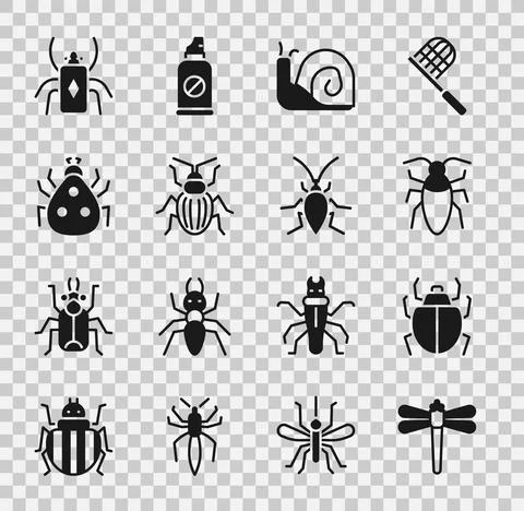 Set Dragonfly, Mite, Cockroach, Snail, Chafer beetle, Ladybug, Beetle and icon Stock Illustration